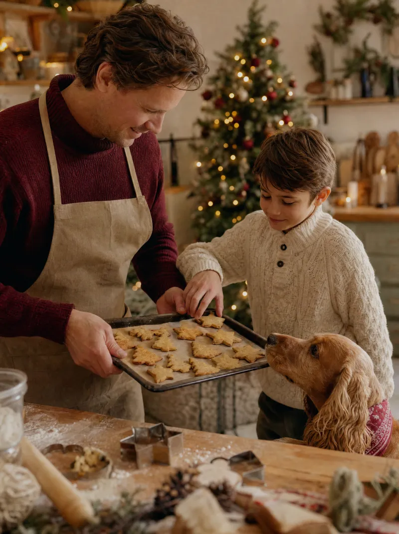 Vader, zoon en hond bij een bakplaat vol kerstkoekjes